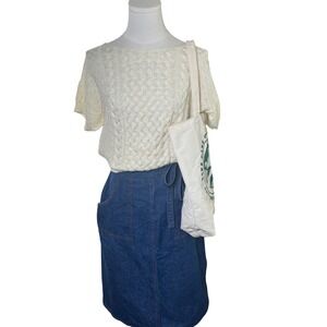 Cable Knit Short Sleeve Sweater Cream Footnote USA Cottagecore Academia Vtg M